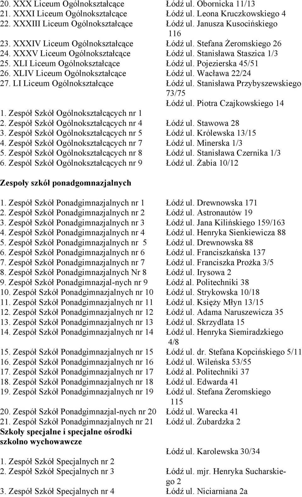 XLIV Liceum Ogólnokształcące Łódź ul. Wacława 22/24 27. LI Liceum Ogólnokształcące Łódź ul. Stanisława Przybyszewskiego 73/75 Łódź ul. Piotra Czajkowskiego 14 1.