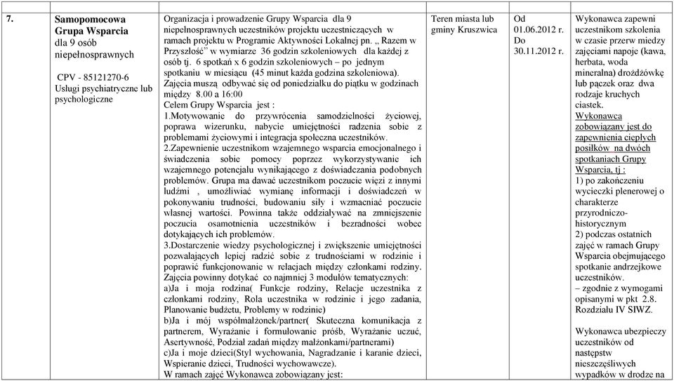 6 spotkań x 6 godzin szkoleniowych po jednym spotkaniu w miesiącu (45 minut każda godzina szkoleniowa). Zajęcia muszą odbywać się od poniedziałku do piątku w godzinach między 8.