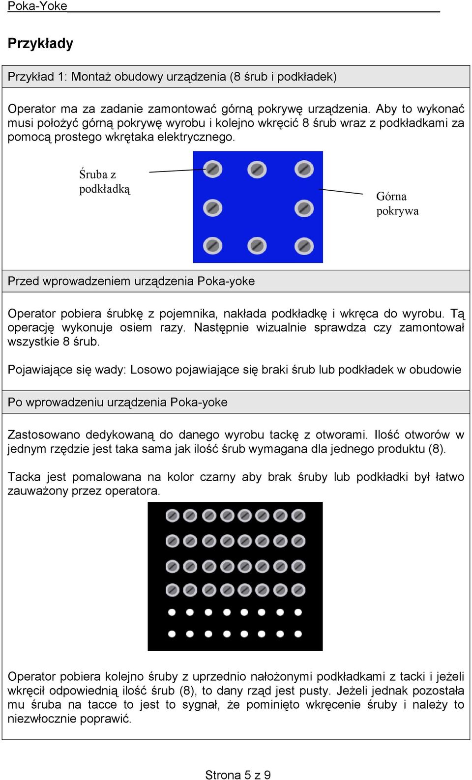 Śruba z podkładką Górna pokrywa Przed wprowadzeniem urządzenia Poka-yoke Operator pobiera śrubkę z pojemnika, nakłada podkładkę i wkręca do wyrobu. Tą operację wykonuje osiem razy.