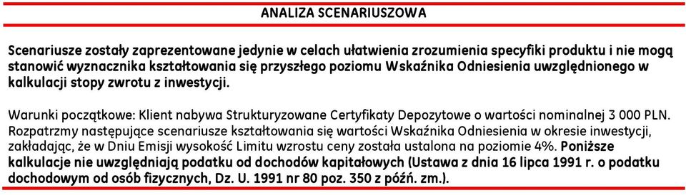 Rozpatrzmy następujące scenariusze kształtowania się wartości Wskaźnika Odniesienia w okresie inwestycji, zakładając, że w Dniu Emisji wysokość Limitu wzrostu ceny została ustalona na