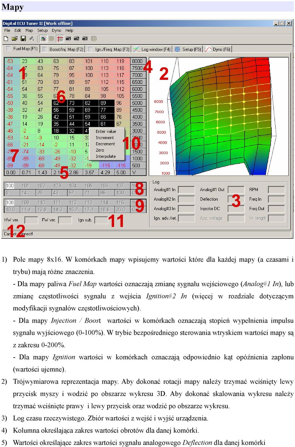 częstotliwościowych). - Dla mapy Injection / Boost wartości w komórkach oznaczają stopień wypełnienia impulsu sygnału wyjściowego (0-100%).