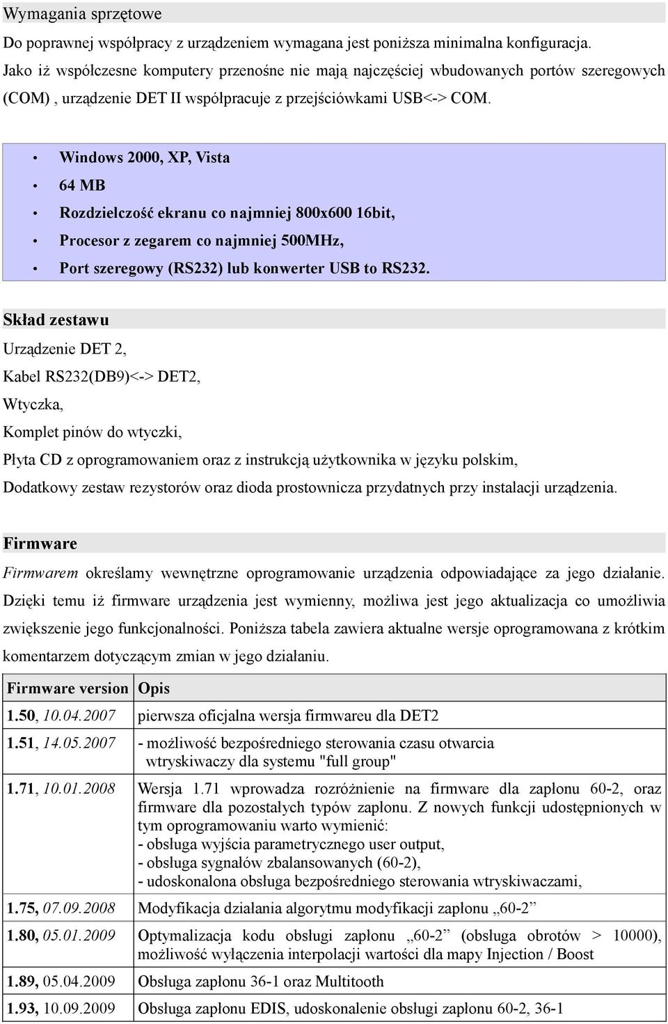 Windows 2000, XP, Vista 64 MB Rozdzielczość ekranu co najmniej 800x600 16bit, Procesor z zegarem co najmniej 500MHz, Port szeregowy (RS232) lub konwerter USB to RS232.