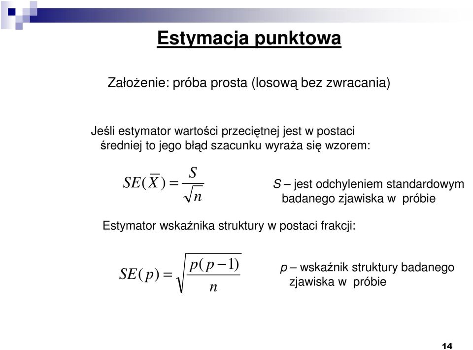 ( X ) = S S jest ocyleiem staarowym baaego zjawiska w próbie Estymator wskaźika