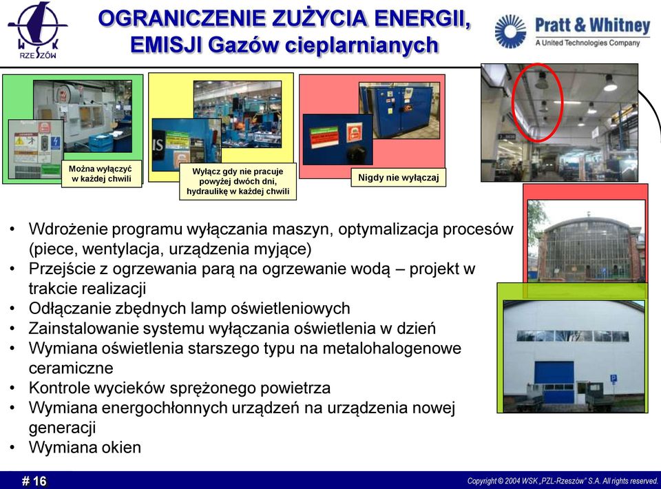 ogrzewanie wodą projekt w trakcie realizacji Odłączanie zbędnych lamp oświetleniowych Zainstalowanie systemu wyłączania oświetlenia w dzień Wymiana