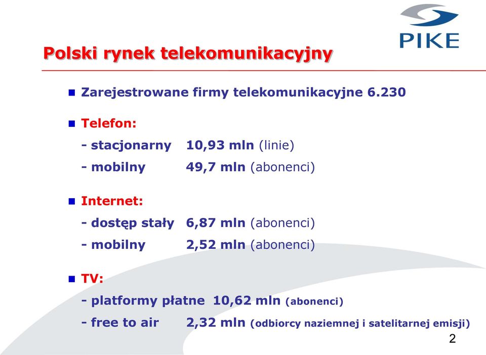 Internet: - dostęp stały 6,87 mln (abonenci) - mobilny 2,52 mln (abonenci) TV: -