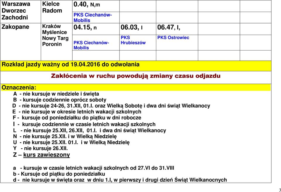 2016 do odwołania Zakłócenia w ruchu powodują zmiany czasu odjazdu Oznaczenia: A - nie kursuje w niedziele i święta B - kursuje codziennie oprócz soboty D - nie kursuje 24-26, 31.XII