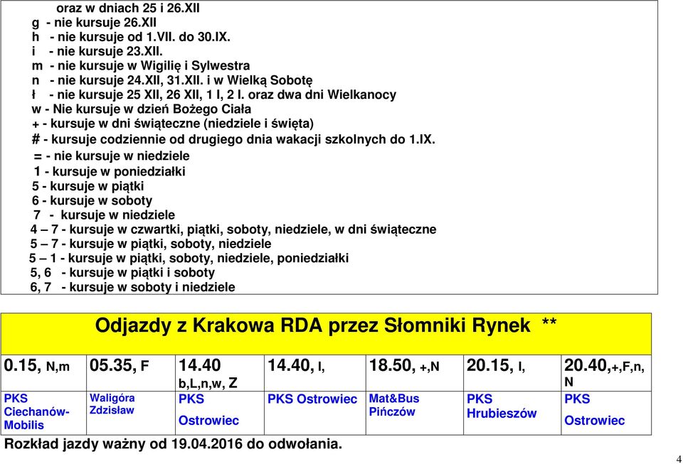 = - nie kursuje w niedziele 1 - kursuje w poniedziałki 5 - kursuje w piątki 6 - kursuje w soboty 7 - kursuje w niedziele 4 7 - kursuje w czwartki, piątki, soboty, niedziele, w dni świąteczne 5 7 -