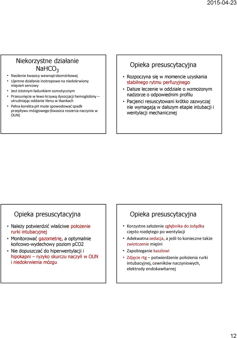 momencie uzyskania stabilnego rytmu perfuzyjnego Dalsze leczenie w oddziale o wzmożonym nadzorze o odpowiednim profilu Pacjenci resuscytowani krótko zazwyczaj nie wymagają w dalszym etapie intubacji