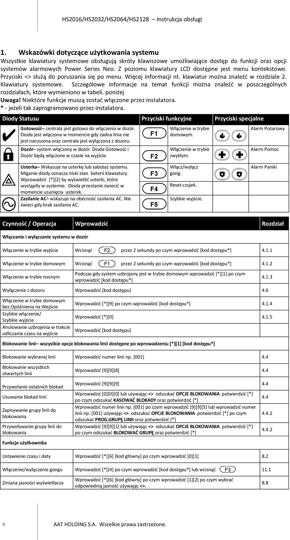 Szczegółowe informacje na temat funkcji można znaleźć w poszczególnych rozdziałach, które wymieniono w tabeli. poniżej Uwaga! Niektóre funkcje muszą zostać włączone przez instalatora.
