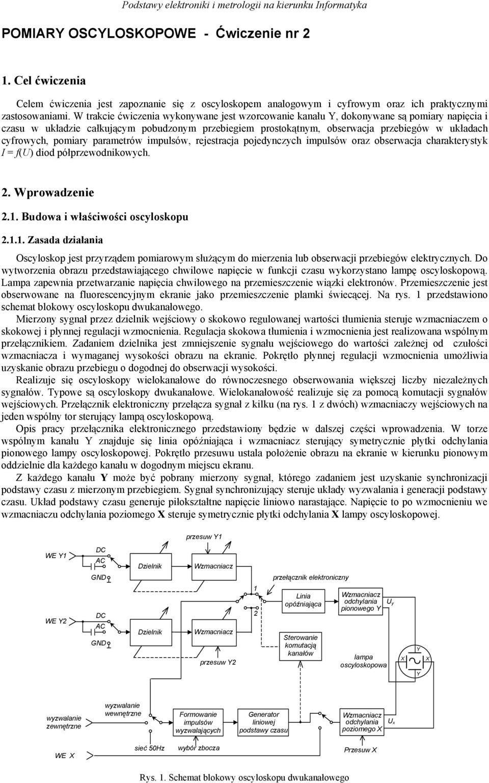 W rakcie ćwiczenia wykonywane jes wzorcowanie kanału Y, dokonywane są pomiary napięcia i czasu w układzie całkującym pobudzonym przebiegiem prosokąnym, obserwacja przebiegów w układach cyfrowych,