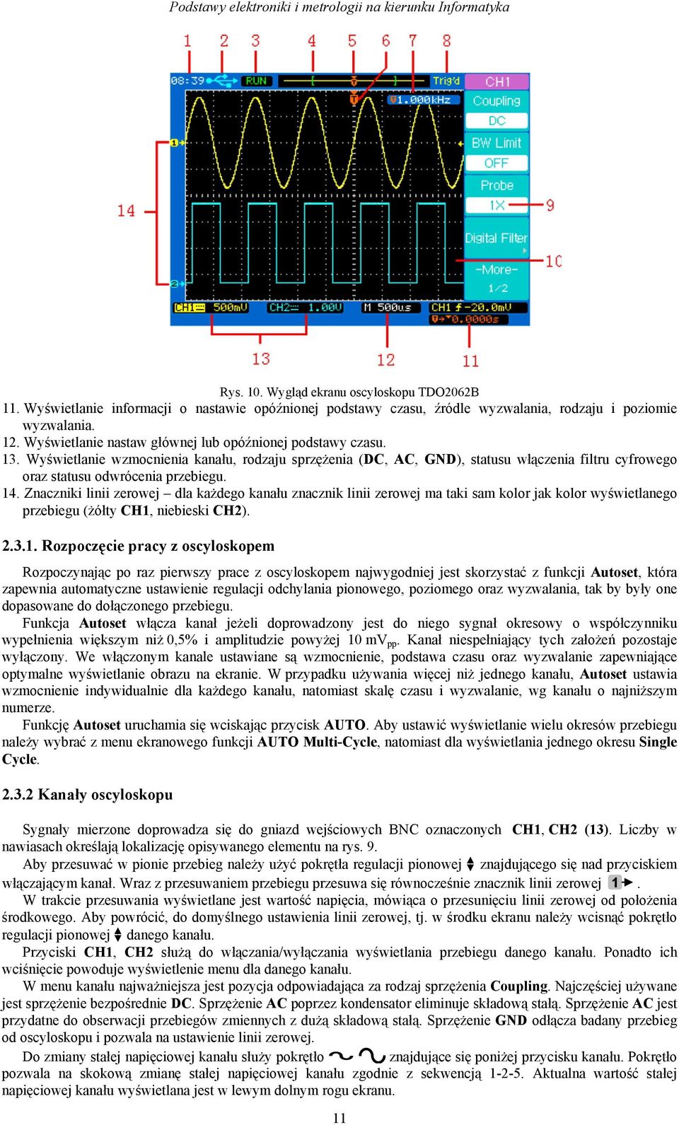 Wyświelanie wzmocnienia kanału, rodzaju sprzężenia (DC, AC, GND), sausu włączenia filru cyfrowego oraz sausu odwrócenia przebiegu. 14.