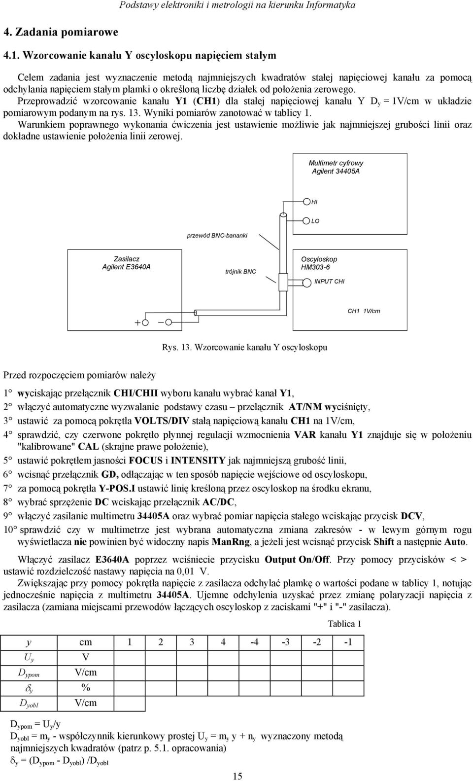 działek od położenia zerowego. Przeprowadzić wzorcowanie kanału Y1 (CH1) dla sałej napięciowej kanału Y D y = 1V/cm w układzie pomiarowym podanym na rys. 13. Wyniki pomiarów zanoować w ablicy 1.