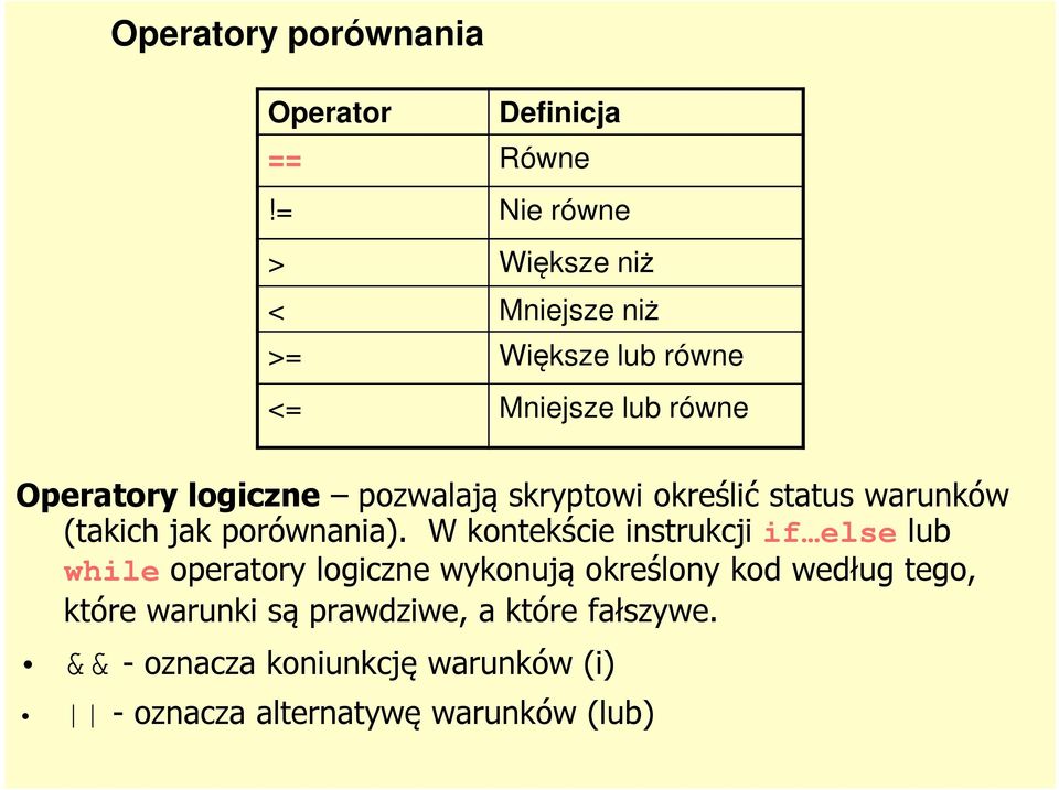 pozwalają skryptowi określić status warunków (takich jak porównania).