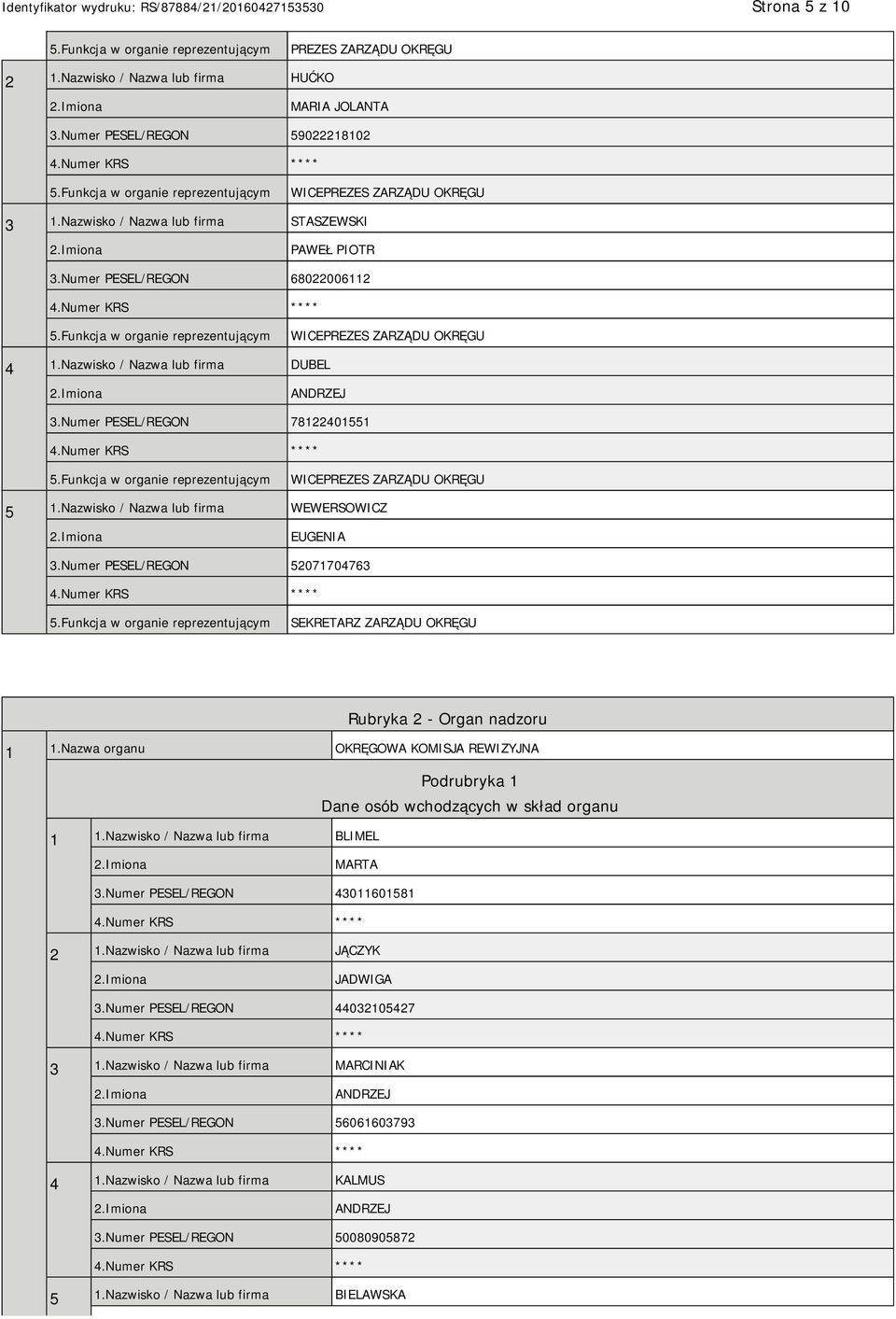 Funkcja w organie reprezentującym WICEPREZES ZARZĄDU OKRĘGU 4 1.Nazwisko / Nazwa lub firma DUBEL ANDRZEJ 3.Numer PESEL/REGON 78122401551 5.