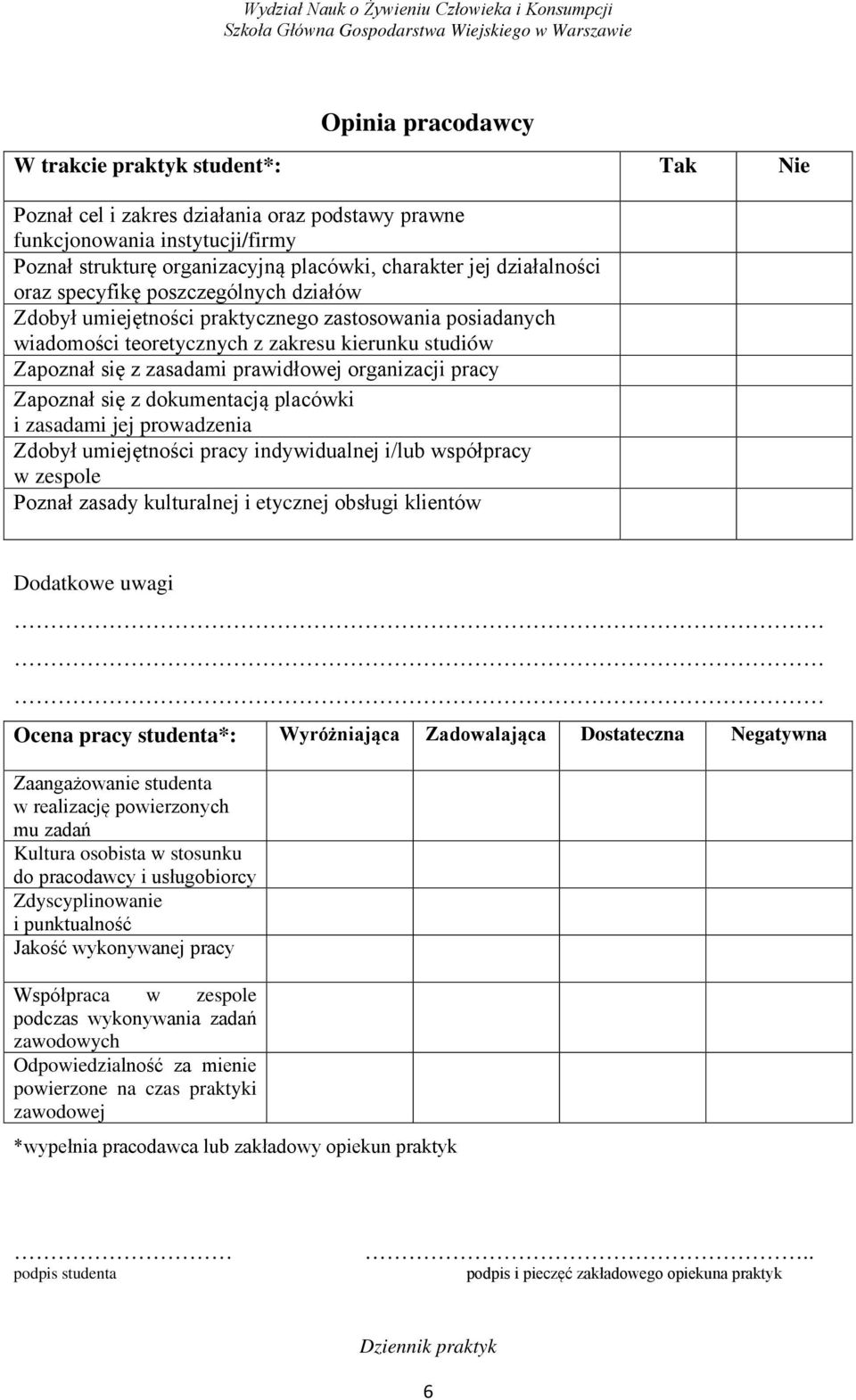 posiadanych wiadomości teoretycznych z zakresu kierunku studiów Zapoznał się z zasadami prawidłowej organizacji pracy Zapoznał się z dokumentacją placówki i zasadami jej prowadzenia Zdobył