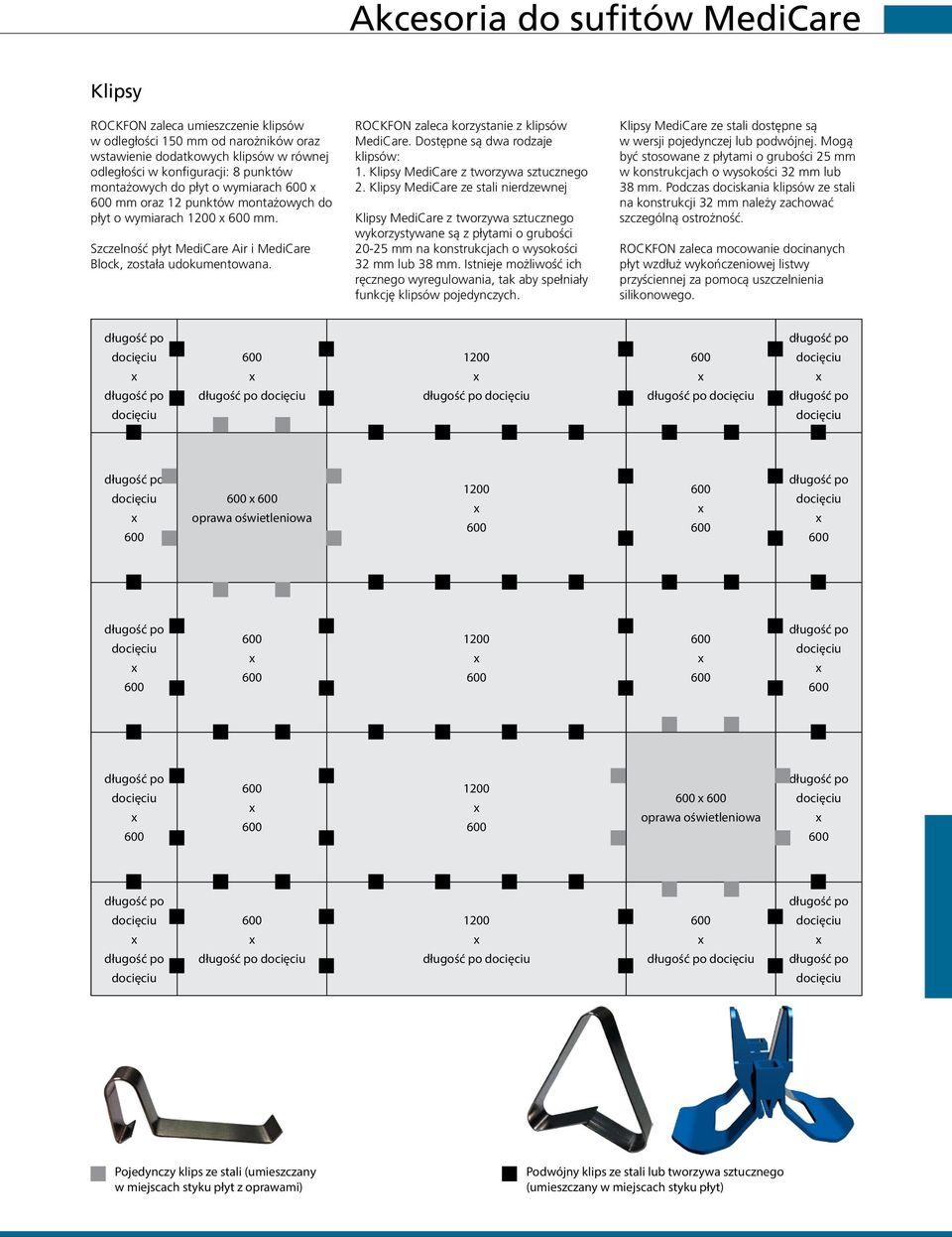 ROCKFON zaleca korzystanie z klipsów MediCare. Dostępne są dwa rodzaje klipsów: 1. Klipsy MediCare z tworzywa sztucznego 2.