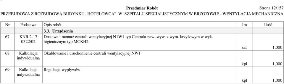 3. Urz dzenia Dostawa i monta centrali wentylacyjnej N1W1 typ Centrala naw.-wyw. z wym.