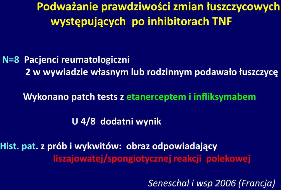 patch tests z etanerceptem i infliksymabem U 4/8 dodatni wynik Hist. pat.