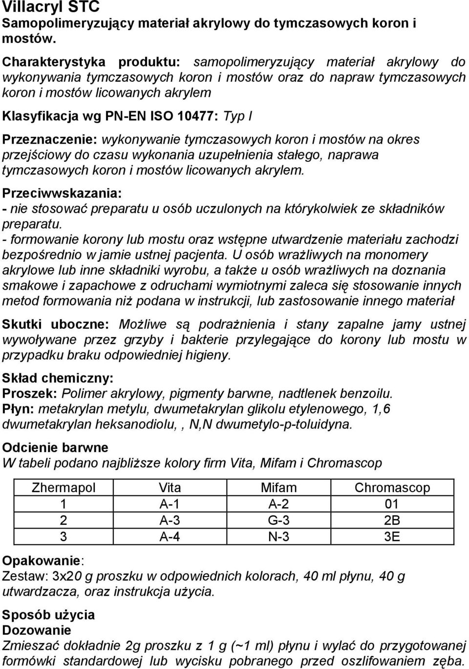 10477: Typ I Przeznaczenie: wykonywanie tymczasowych koron i mostów na okres przejściowy do czasu wykonania uzupełnienia stałego, naprawa tymczasowych koron i mostów licowanych akrylem.