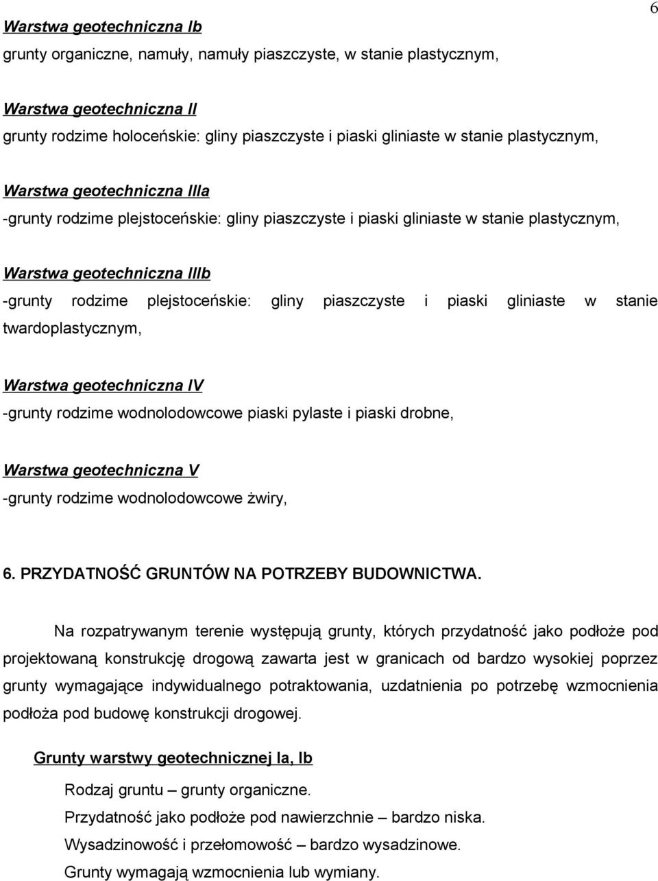 piaszczyste i piaski gliniaste w stanie twardoplastycznym, Warstwa geotechniczna IV grunty rodzime wodnolodowcowe piaski pylaste i piaski drobne, Warstwa geotechniczna V grunty rodzime wodnolodowcowe