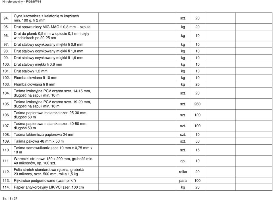 Drut stalowy ocynkowany miękki fi 1,6 mm kg 10 100. Drut stalowy miękki fi 0,6 mm kg 10 101. Drut stalowy 1,2 mm kg 10 102. Plomba ołowiana fi 10 mm kg 10 103. Plomba ołowiana fi 8 mm kg 25 104. 105.