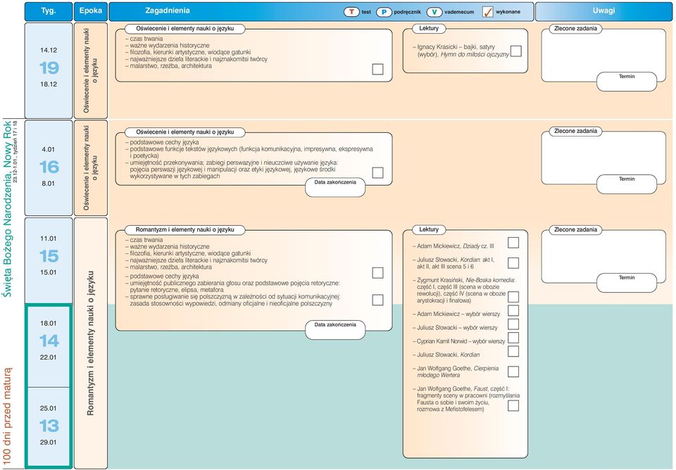 , tydzień 17 i 18 100 dni przed maturà 4.01 16 8.01 11.01 15 15.01 18.01 14 22.01 25.01 13 29.