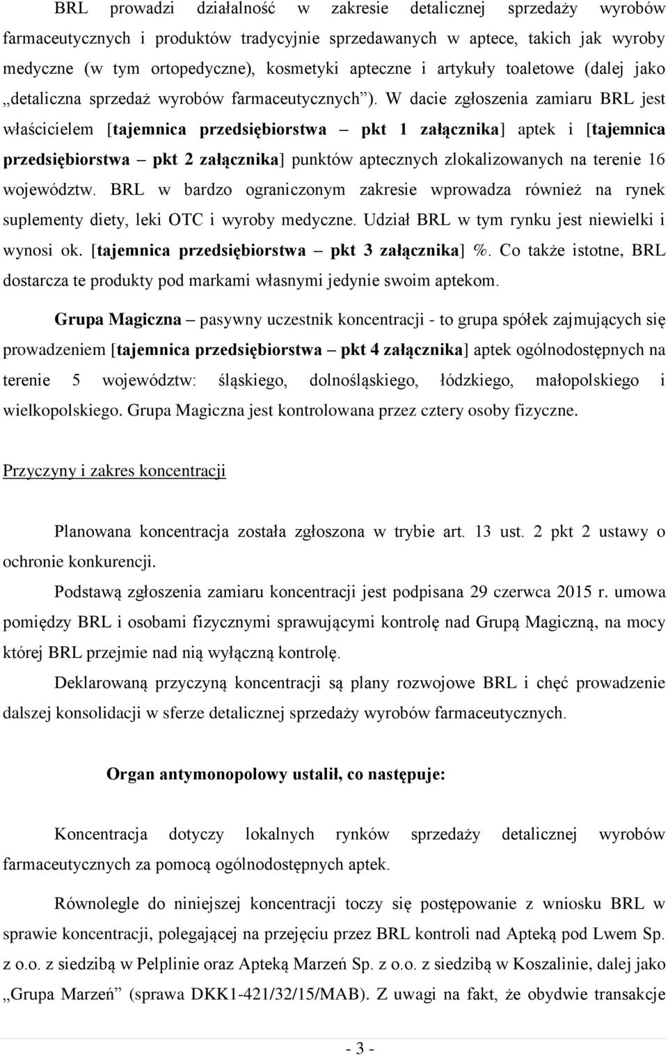 W dacie zgłoszenia zamiaru BRL jest właścicielem [tajemnica przedsiębiorstwa pkt 1 załącznika] aptek i [tajemnica przedsiębiorstwa pkt 2 załącznika] punktów aptecznych zlokalizowanych na terenie 16