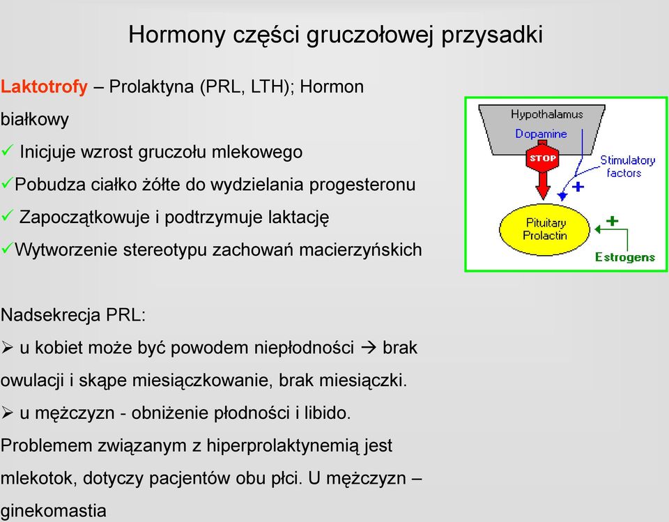 Nadsekrecja PRL: u kobiet może być powodem niepłodności brak owulacji i skąpe miesiączkowanie, brak miesiączki.