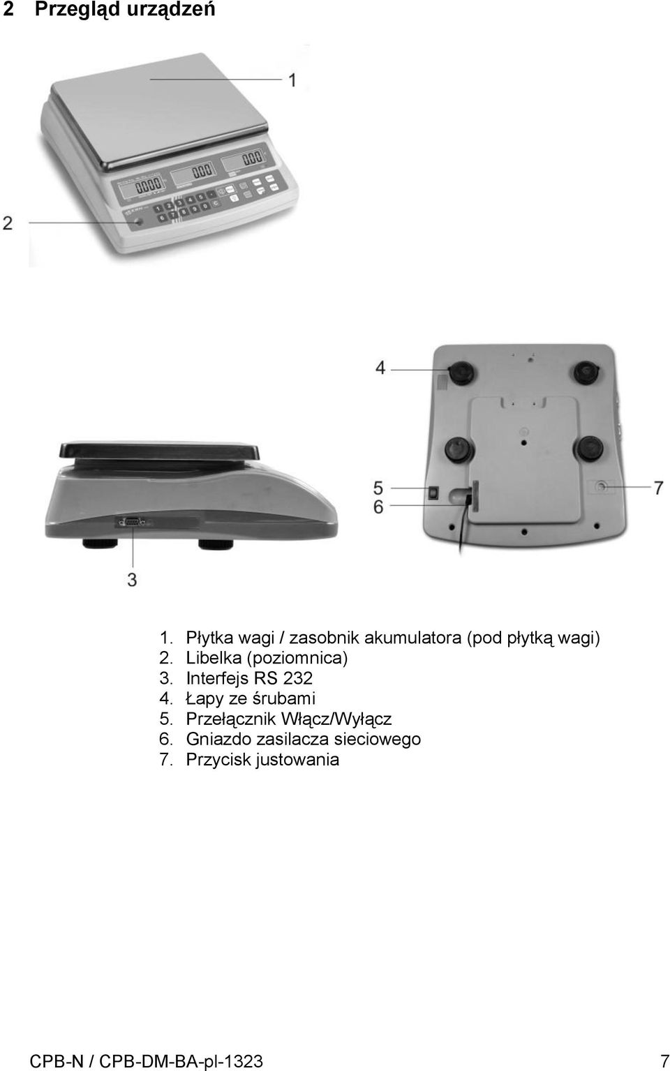 Libelka (poziomnica) 3. Interfejs RS 232 4. Łapy ze śrubami 5.