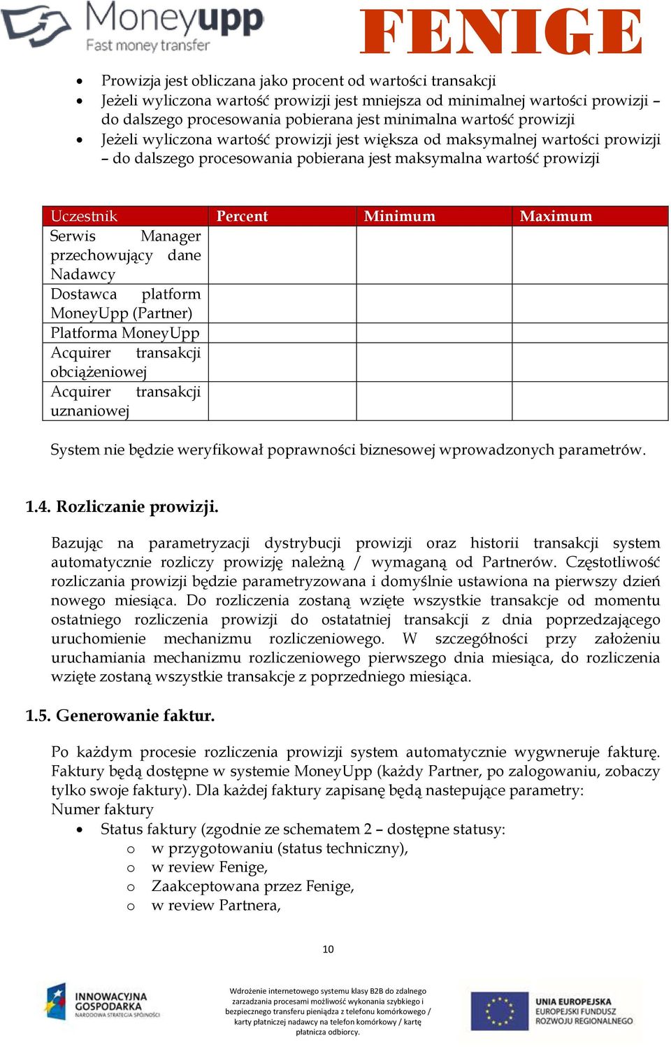 Manager przechowujący dane Nadawcy Dostawca platform MoneyUpp (Partner) Platforma MoneyUpp Acquirer transakcji obciążeniowej Acquirer transakcji uznaniowej System nie będzie weryfikował poprawności