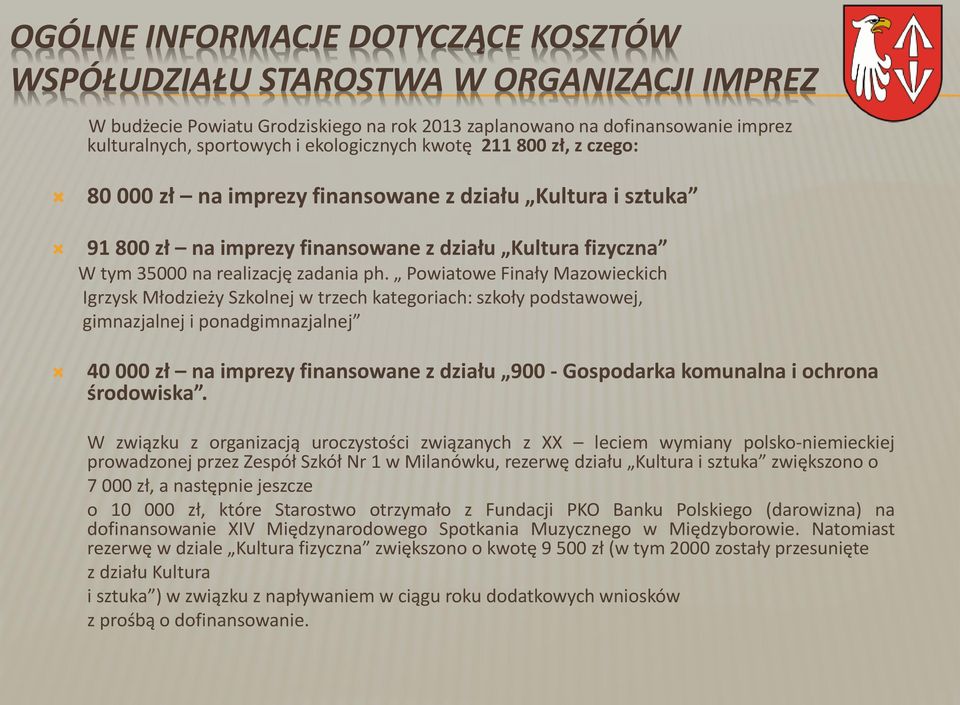 Powiatowe Finały Mazowieckich Igrzysk Młodzieży Szkolnej w trzech kategoriach: szkoły podstawowej, gimnazjalnej i ponadgimnazjalnej 40 000 zł na imprezy finansowane z działu 900 - Gospodarka