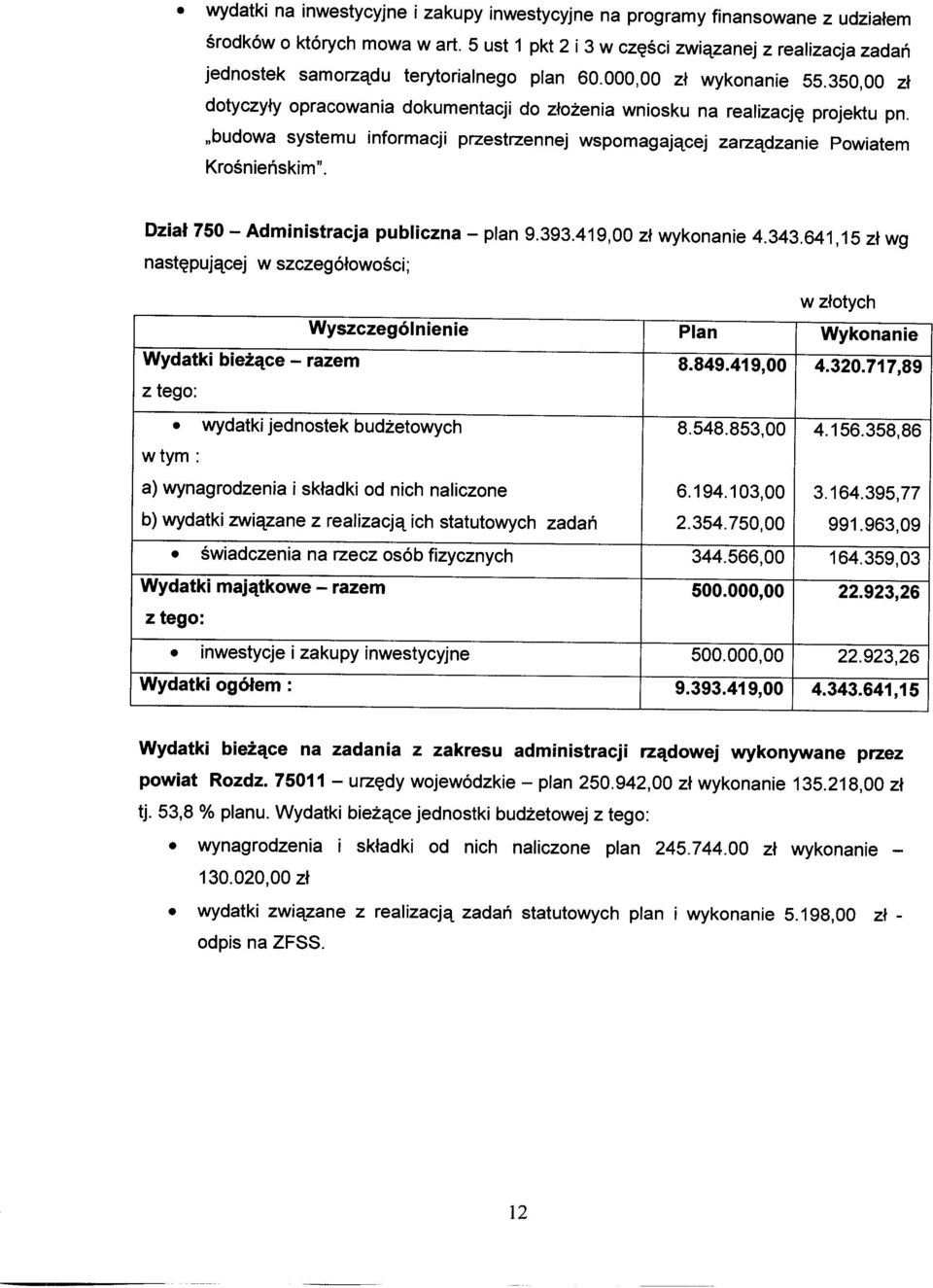 350,00 zł dotyczyły opracowania dokumentacji do złożenia wniosku na realizację projektu pn. budowa systemu informacji przestrzennej wspomagającej zarządzanie Powiatem Krośnieńskim".