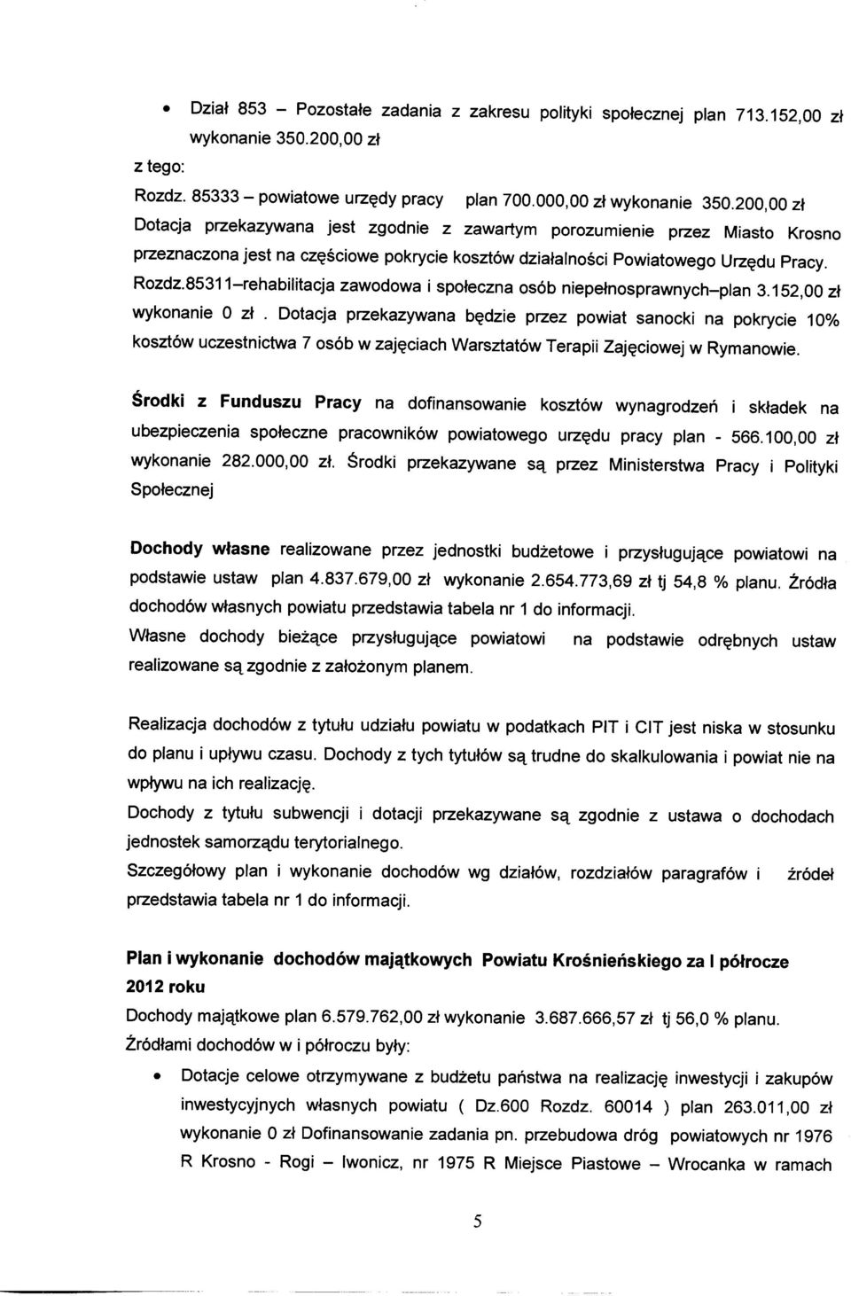 85311-rehabilitacja zawodowa i społeczna osób niepełnosprawnych-plan 3.152,00 zł wykonanie O zł.