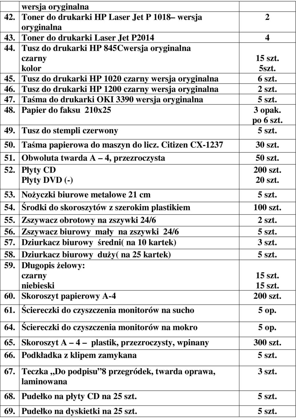 Tusz do stempli czerwony 5 szt. 50. Taśma papierowa do maszyn do licz. Citizen CX-1237 30 szt. 51. Obwoluta twarda A 4, przezroczysta 50 szt. 52. Płyty CD 200 szt. Płyty DVD (-) 20 szt. 53.