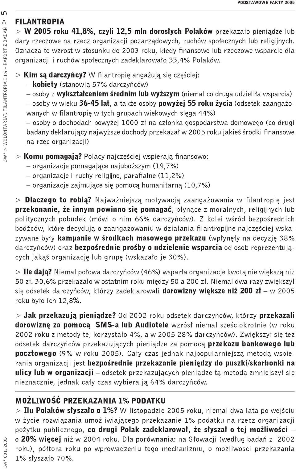 Oznacza to wzrost w stosunku do 2003 roku, kiedy finansowe lub rzeczowe wsparcie dla organizacji i ruchów społecznych zadeklarowało 33,4% Polaków. > Kim są darczyńcy?