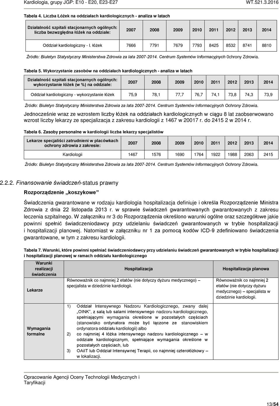 kardiologiczny - l. łóżek 7666 7791 7679 7793 8425 8532 8741 8810 Źródło: Biuletyn Statystyczny Ministerstwa Zdrowia za lata 2007-2014. Centrum Systemów Informacyjnych 0chrony Zdrowia. Tabela 5.