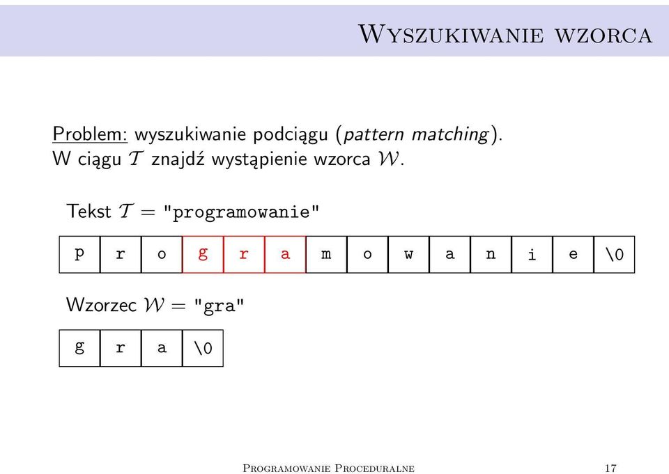 W ciągu T znajdź wystąpienie wzorca W.