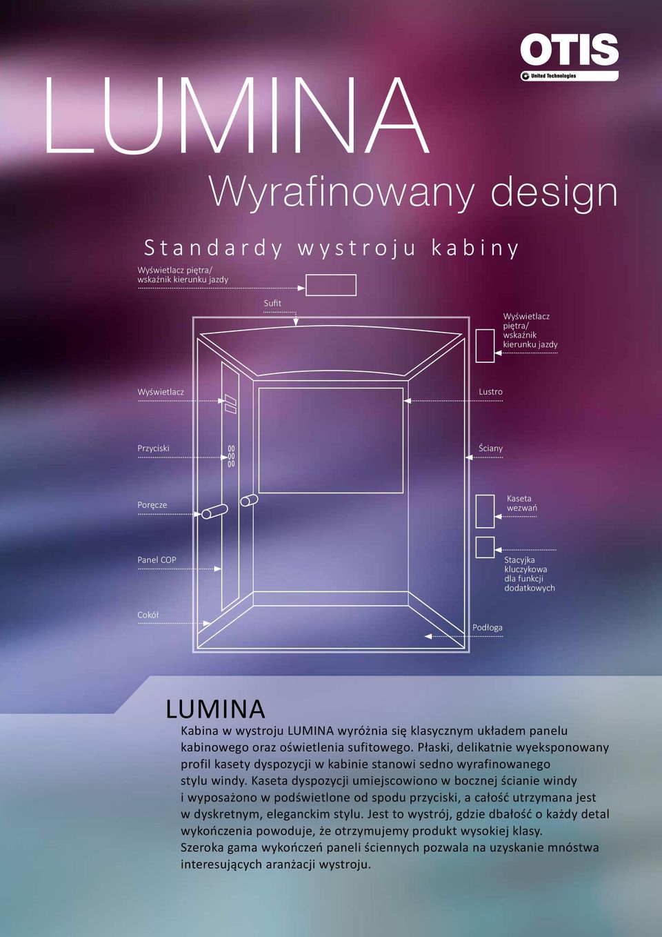 Płaski, delikatnie wyeksponowany profil kasety dyspozycji w kabinie stanowi sedno wyrafinowanego stylu windy.