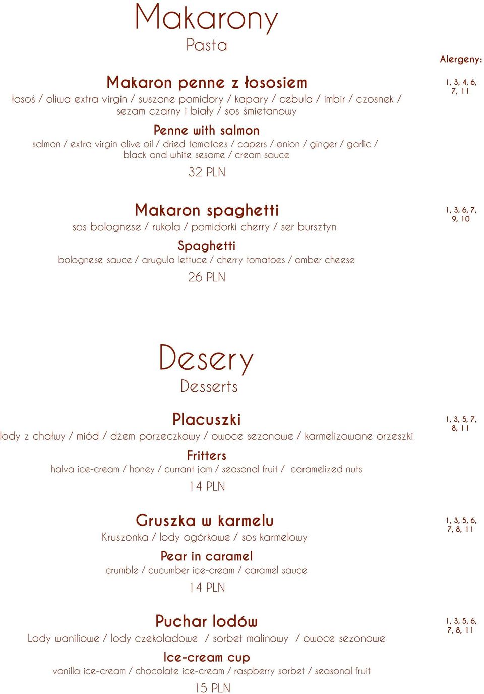 bolognese sauce / arugula lettuce / cherry tomatoes / amber cheese 26 PLN 1, 3, 4, 6, 7, 11 1, 3, 6, 7, 9, Desery Desserts Placuszki lody z chałwy / miód / dżem porzeczkowy / owoce sezonowe /