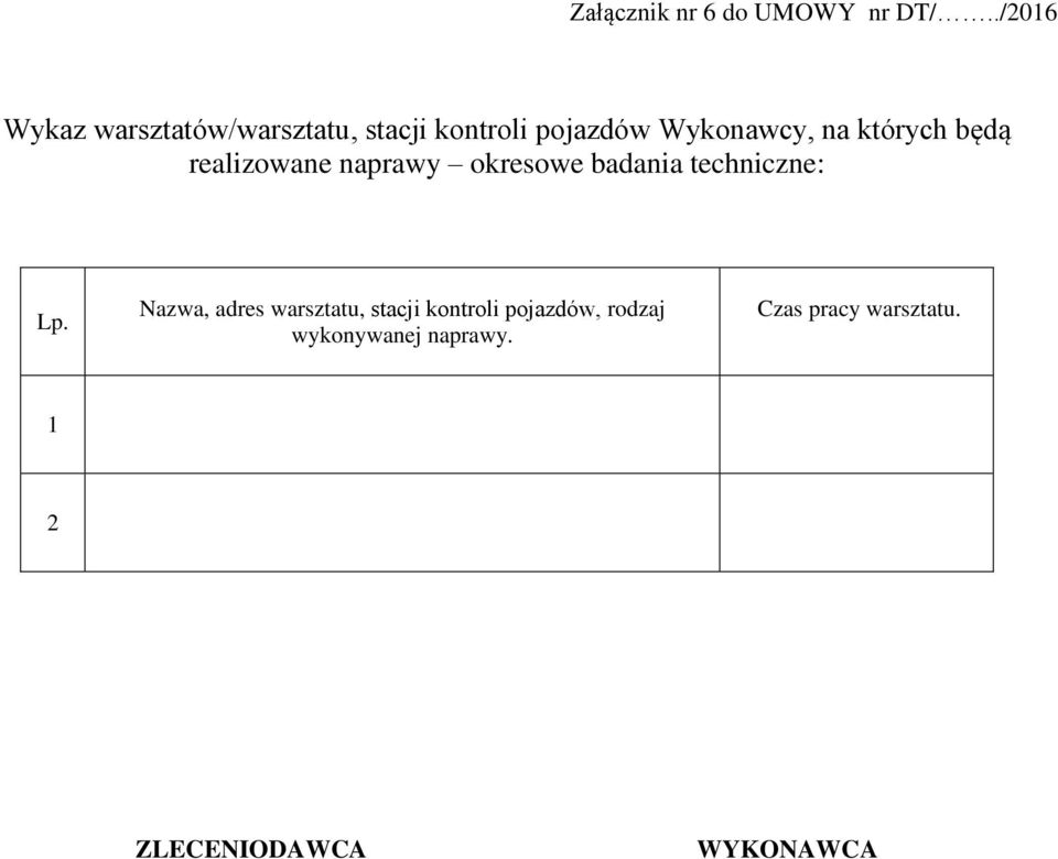 których będą realizowane naprawy okresowe badania techniczne: Lp.