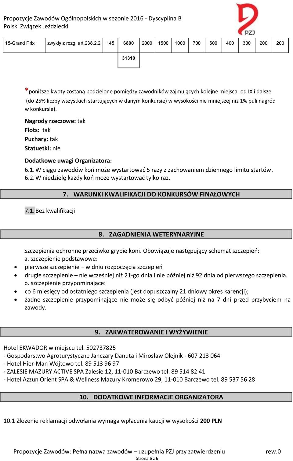 danym konkursie) w wysokości nie mniejszej niż 1% puli nagród w konkursie). Nagrody rzeczowe: tak Flots: tak Puchary: tak Statuetki: nie Dodatkowe uwagi Organizatora: 6.1. W ciągu zawodów koń może wystartować 5 razy z zachowaniem dziennego limitu startów.