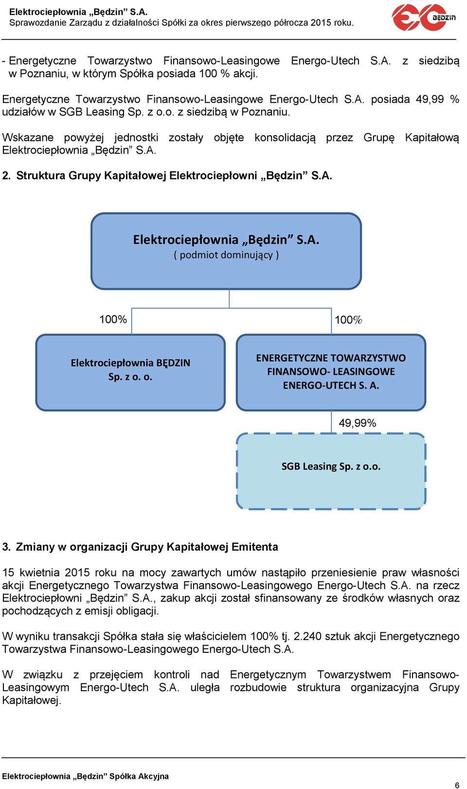 z o. o. ENERGETYCZNE TOWARZYSTWO FINANSOWO- LEASINGOWE ENERGO-UTECH S. A. 49,99% SGB Leasing Sp. z o.o. 3.