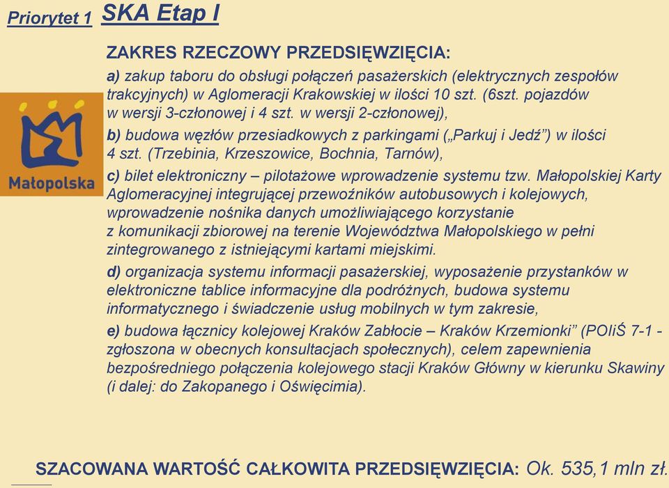 (Trzebinia, Krzeszowice, Bochnia, Tarnów), c) bilet elektroniczny pilotażowe wprowadzenie systemu tzw.