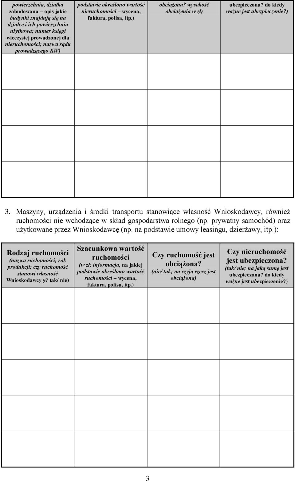 Maszyny, urządzenia i środki transportu stanowiące własność Wnioskodawcy, również ruchomości nie wchodzące w skład gospodarstwa rolnego (np. prywatny samochód) oraz użytkowane przez Wnioskodawcę (np.