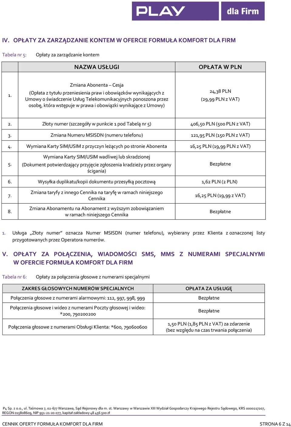 wynikające z Umowy) 24,38 PLN (29,99 PLN z VAT) 2. Złoty numer (szczegóły w punkcie 1 pod Tabelą nr 5) 406,50 PLN (500 PLN z VAT) 3.