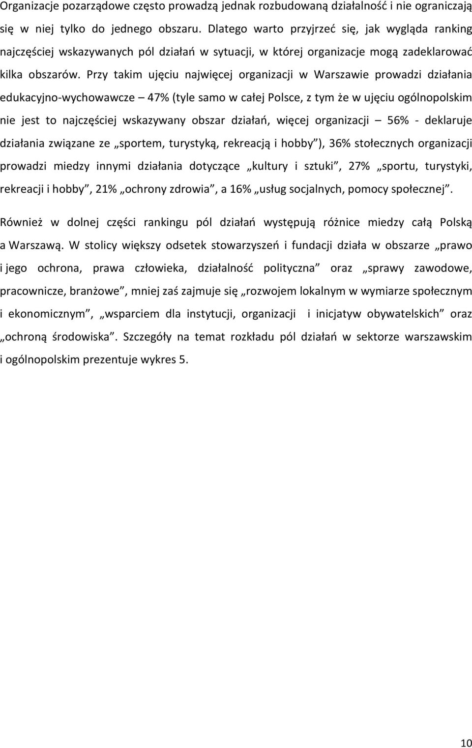 Przy takim ujęciu najwięcej organizacji w Warszawie prowadzi działania edukacyjno-wychowawcze 47% (tyle samo w całej Polsce, z tym że w ujęciu ogólnopolskim nie jest to najczęściej wskazywany obszar