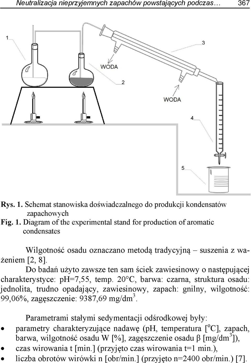Diagram of the experimental stand for production of aromatic condensates Wilgotność osadu oznaczano metodą tradycyjną suszenia z ważeniem [2, 8].
