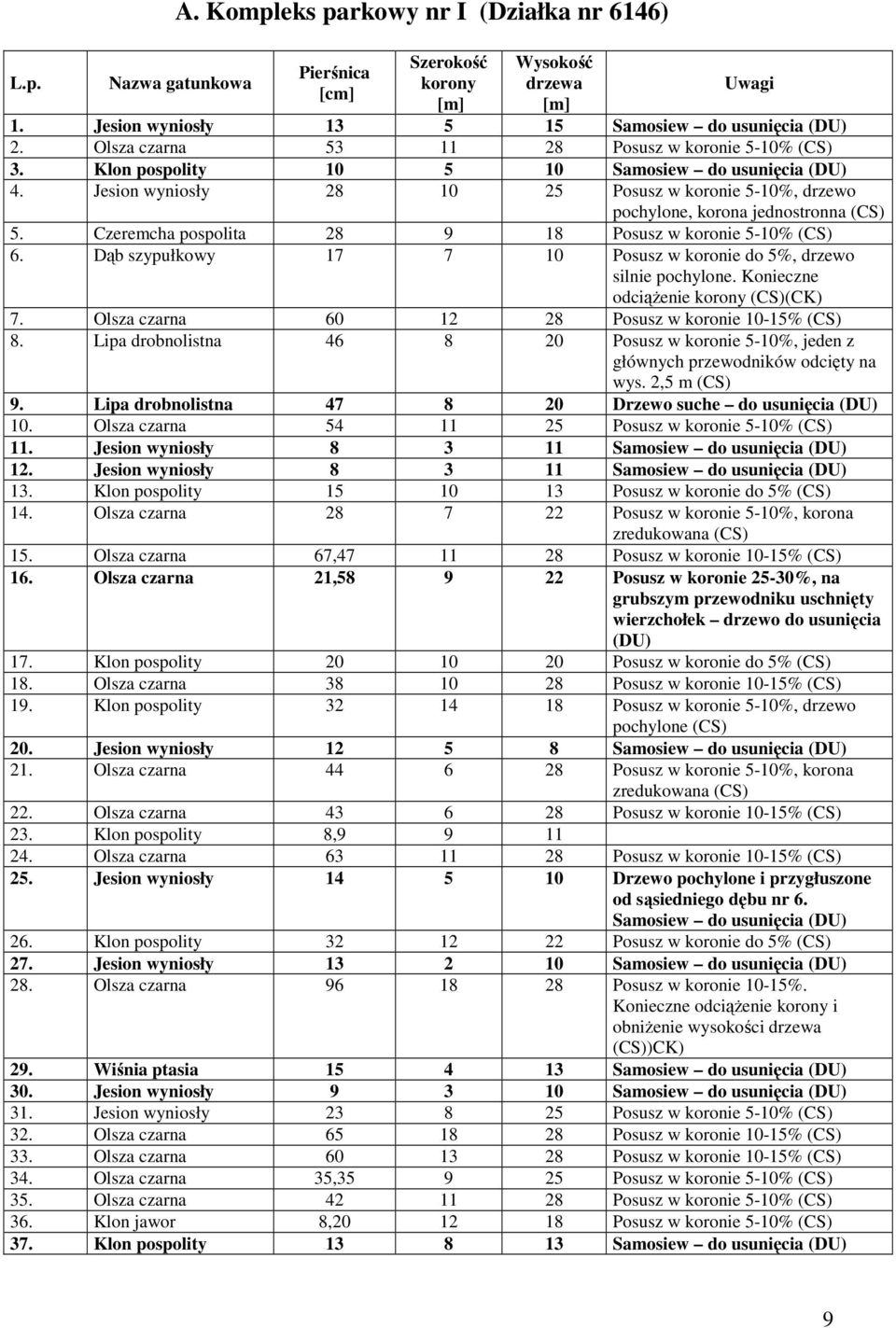 Dąb szypułkowy 17 7 10 Posusz w koronie do 5%, drzewo silnie pochylone. Konieczne odciąŝenie 7. Olsza czarna 60 12 28 Posusz w koronie 10-15% 8.