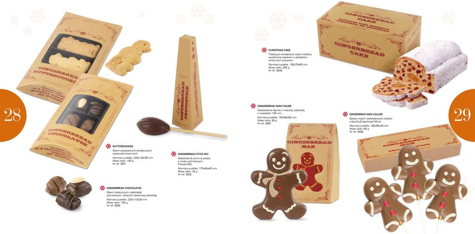 3597 Gingerbrad Man Lollies Zestaw trzech czekoladowych lizaków z figurką Gingerbread Mana. Wymiary pudełka: 160x65x40 mm Masa netto: 90 g Nr ref.