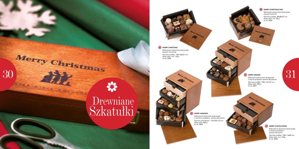 3555 30 Merry Grande Ekskluzywna drewniana skrzyneczka z trzema szufladami zawiera 36 pralinek. Wymiary pudełka: 156x114x127 mm Masa netto: 465 g Nr ref.
